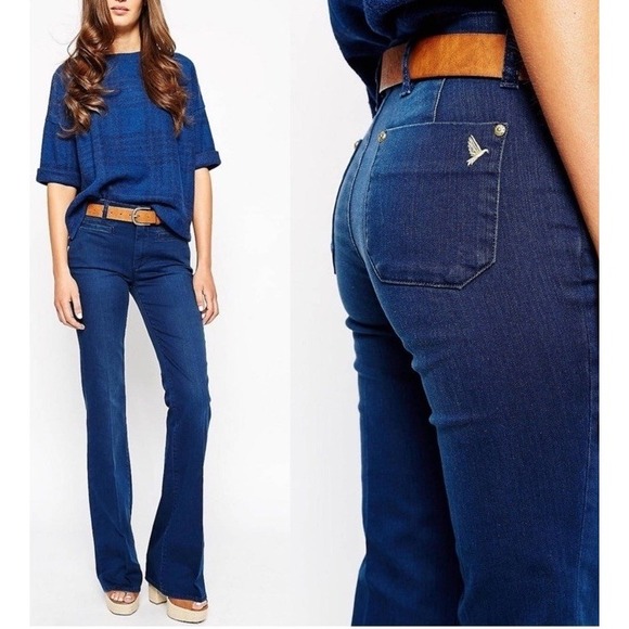 ANTHROPOLOGIE MiH Marrakesh Mid Rise Dark Blue Wash Kick Flare Jeans 28  Boho - Picture 7 of 13